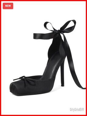 Satin Ballet Heels Closed Toe Stiletto Pumps with Bow & Ankle Strap